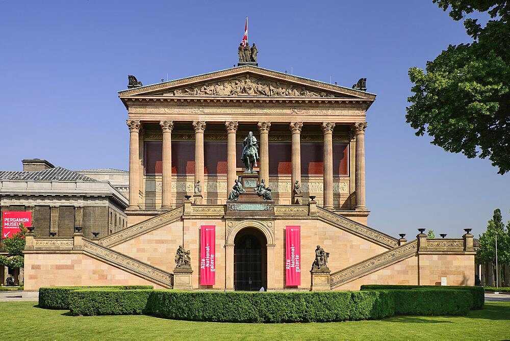 Germany, Berlin, Alte National Galerie, Old National Gallery building housing a collection of 19th century European art with an equestrian statue of Frederick William IV out front.