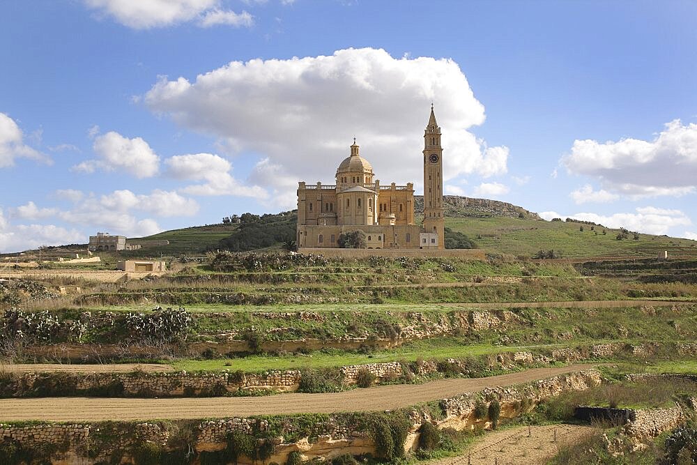 Malta, Gozo, Ta Pinu, Sanctuary church and terraced fields.