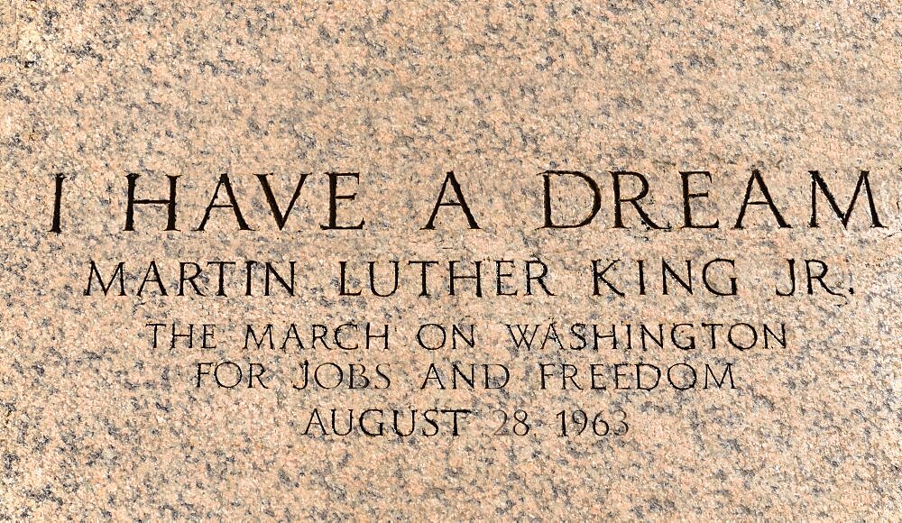 USA, Washington DC, National Mall, Lincoln Memorial, Martin Luther King march engraving in front of the peristyle commemorating his I have a dream speech during the March on Washington for Jobs and Freedom on August 28th 1963.