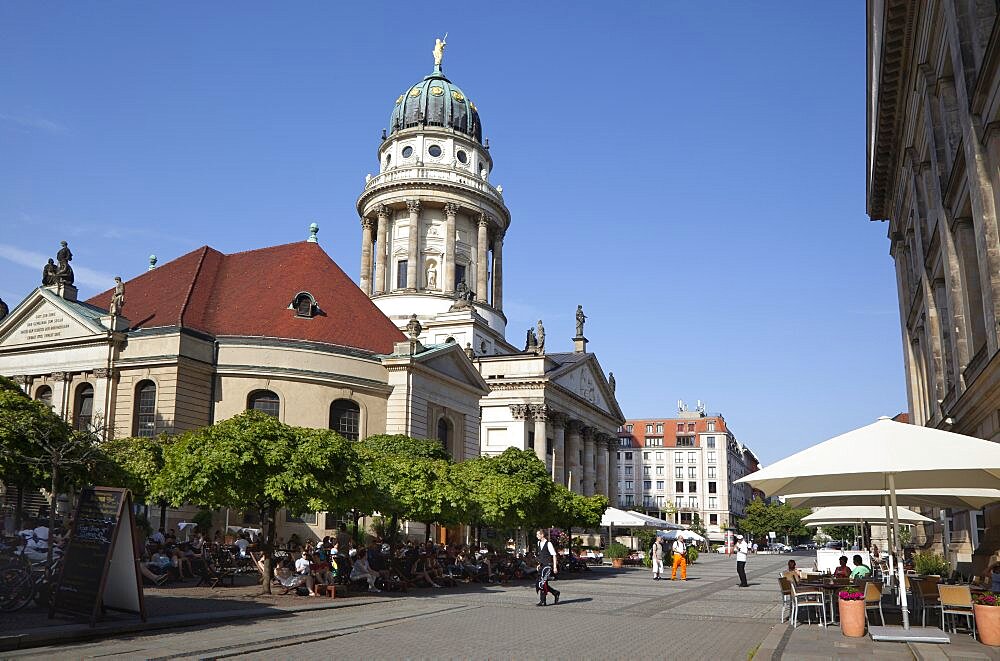 Germany, Berlin, Mitte, Domed tower of the Franzosischer Dom or French Cathedral in Gendarmenmarkt.