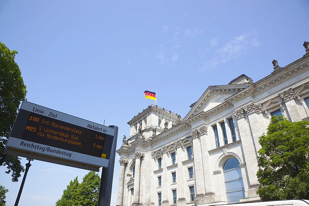 Germany, Berlin, Mitte, Reichstag building with glass dome deisgned by Norman Foster.