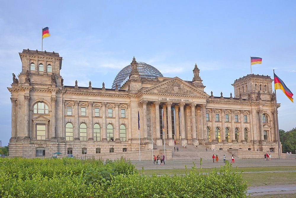 Germany, Berlin, Mitte, Reichstag building with glass dome deisgned by Norman Foster.