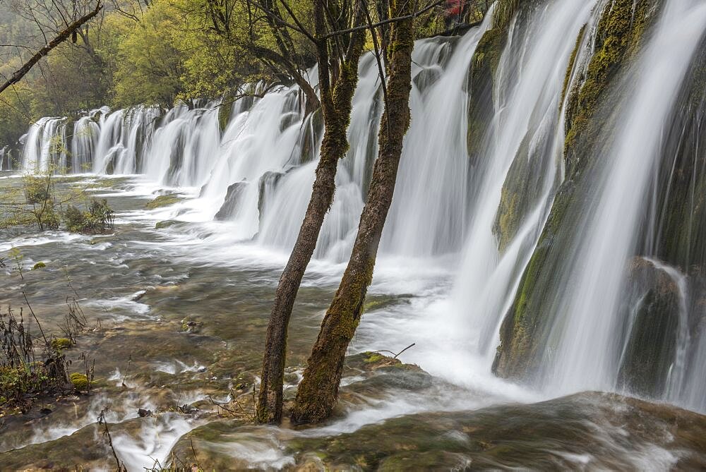 China, Sichuan, Blurred waterfall at Jiuzhaigou Valley National Park.