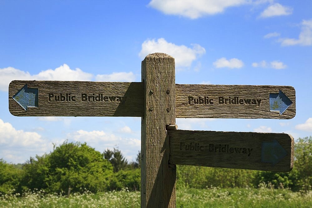 England, West Sussex, Slindon, View of the South Downs with wooden sign for public bridleway.