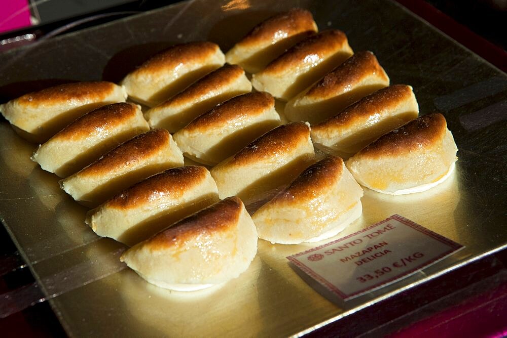 Spain, Castilla La Mancha, Toldeo, Display of marzipan sweetmeats, a traditional confectionary