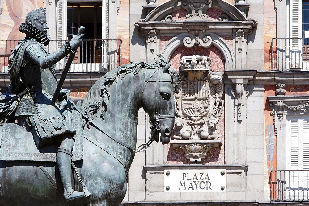 Spain, Madrid, Statue of King Philip III in the Plaza Mayor.