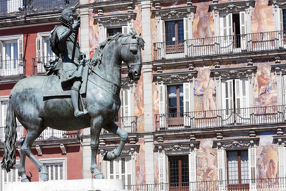 Spain, Madrid, Statue of King Philip III in the Plaza Mayor.