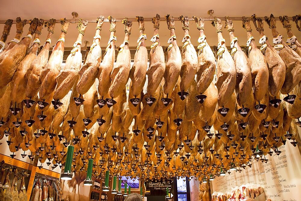 Spain, Madrid, Display of jamon.