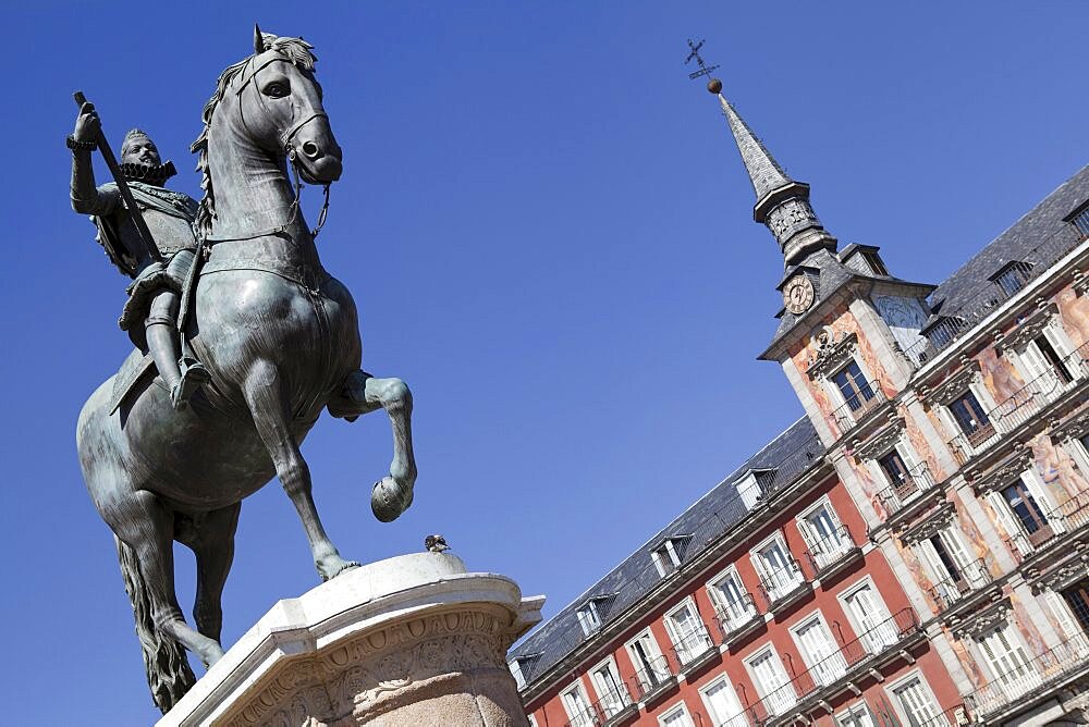 Spain, Madrid, Statue of King Philip III on horseback, Plaza Mayor.