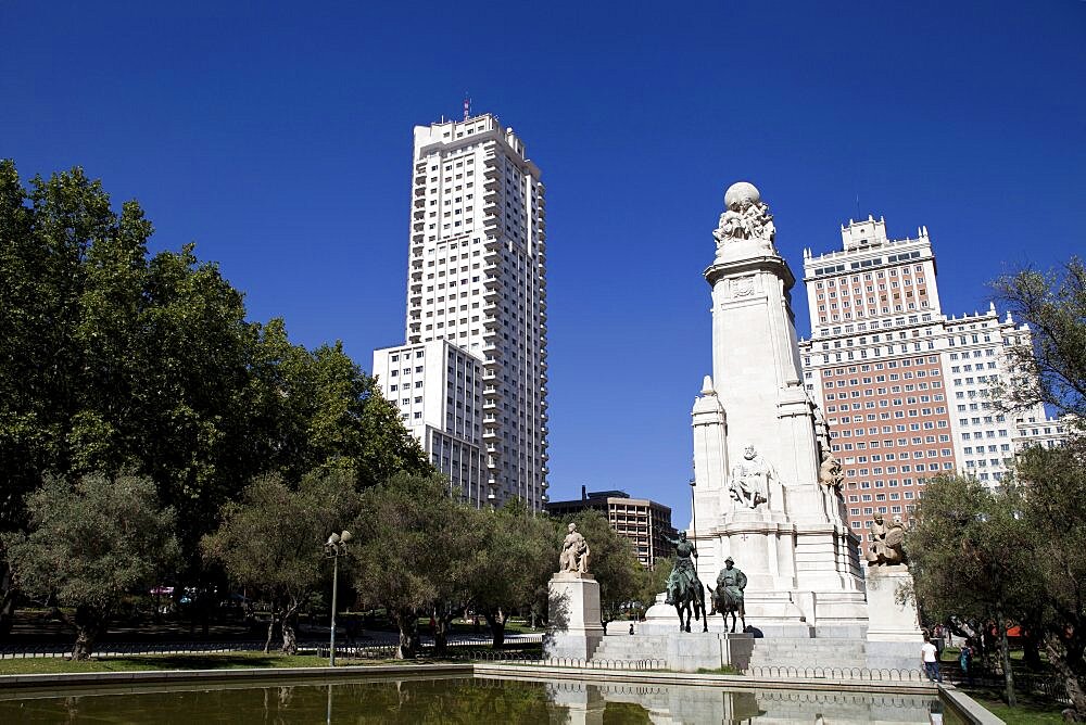 Spain, Madrid, Statues of Cervantes Don Quixote and Sancho Panza in the Plaza de Espana.