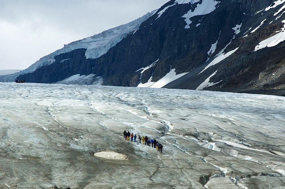 Canada, Alberta, Columbia Icefield, Group of tourists walking up the Athabasca Glacier.