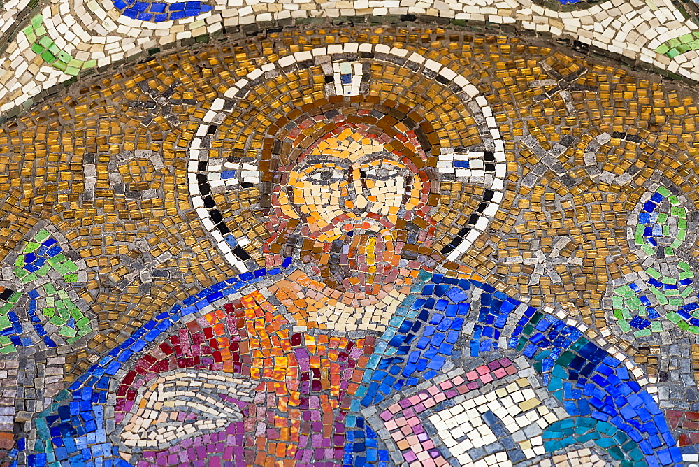 Romania, Constanta, Mosaic of Christ on exterior of Saint Peter and Saint Paul the Apostles Cathedral.