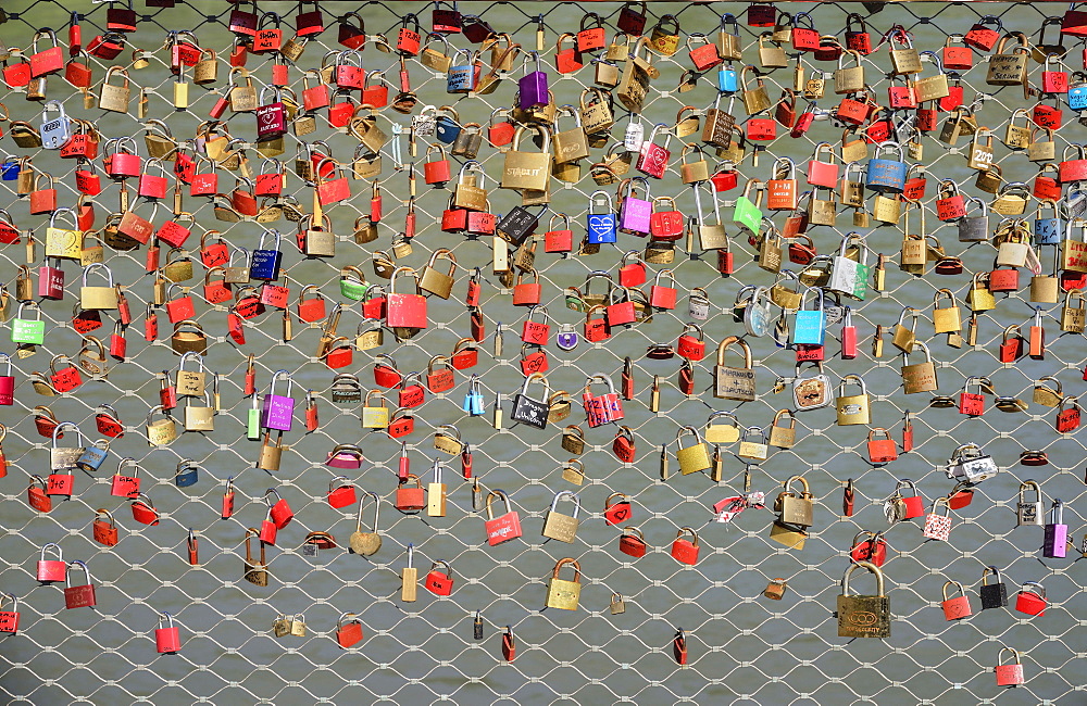 Austria, Salzburg, Makartsteg Pedestrian Bridge festooned with Love Locks.