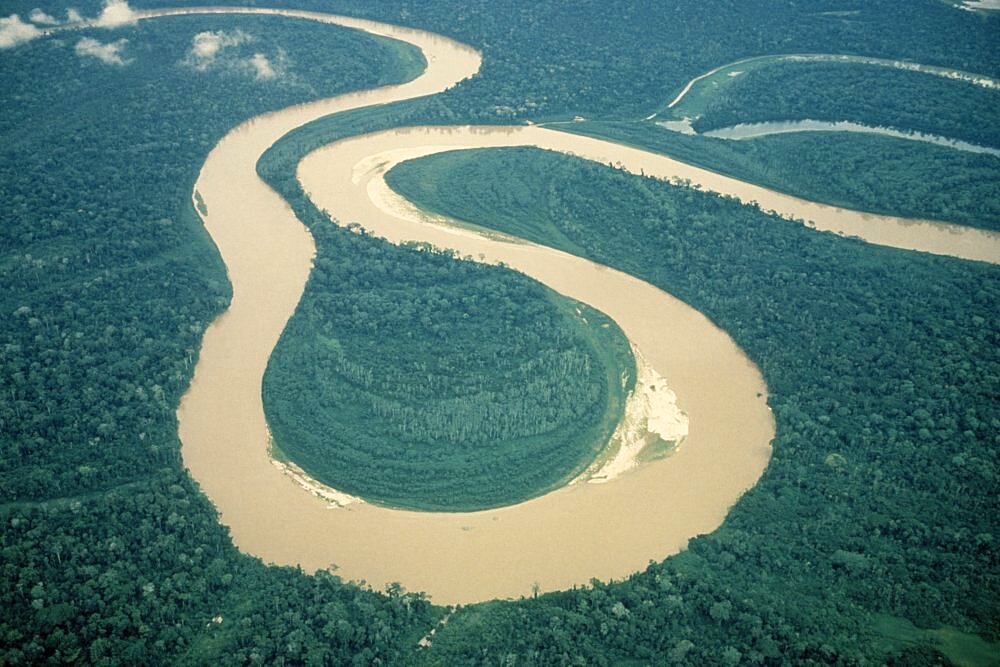 PERU  Rio Ucalyali Aerial view of s bends in river between Pucatipa and Rio Santiago through north eastern Peruvian rainforest. American South America