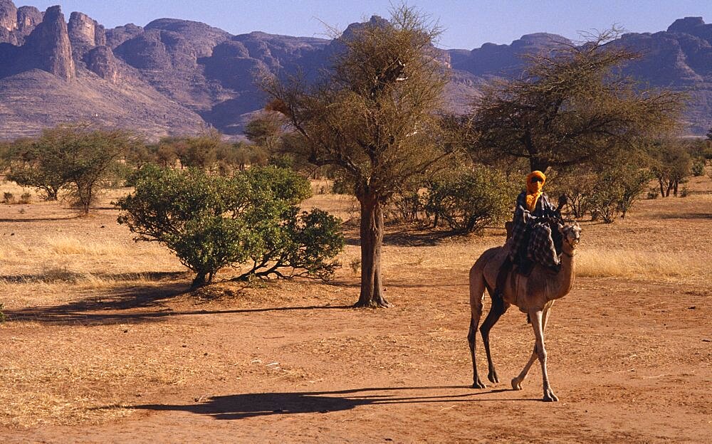 MALI  Sahel Desert Touareg man on camel passing the Dyounde Mountains.