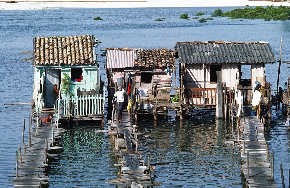 BRAZIL Bahia Salvador da Bahia Slum dwellings raised above sewage polluted water with access by wooden bridge. Brasil slum favella Brazil