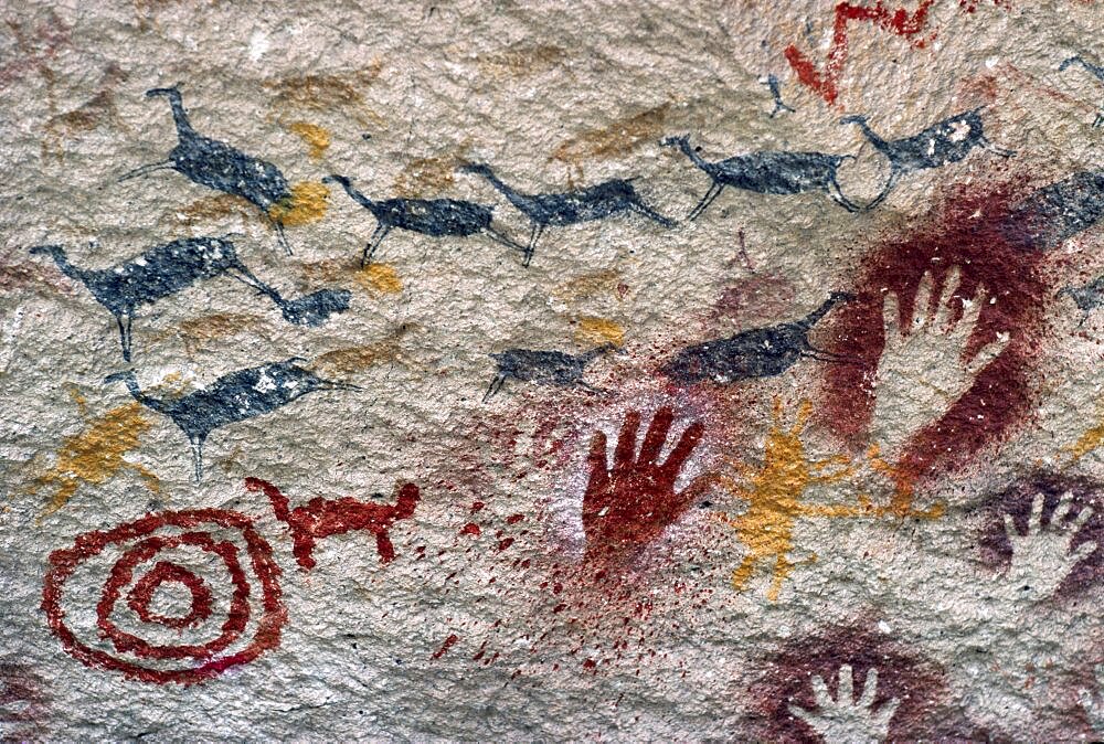 ARGENTINA Patagonia Cueva de las Manos Cave of the Hands.  Prehistoric rock paintings of human hands and animals in red black and orange 13 000 to 9 500 years old.