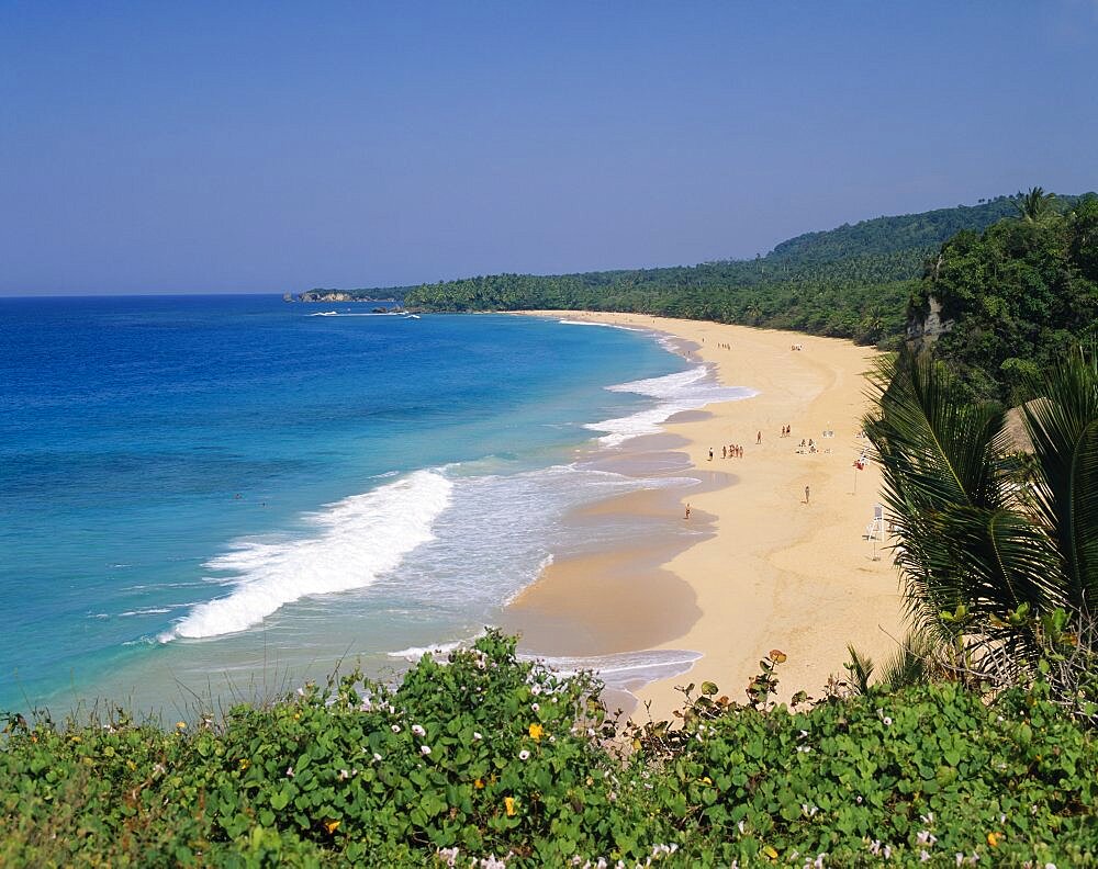 DOMINICAN REPUBLIC Rio San Juan Playa Grande View of sandy beach backed with palm trees and clear sea with blue sky and rocky coastline in distance.