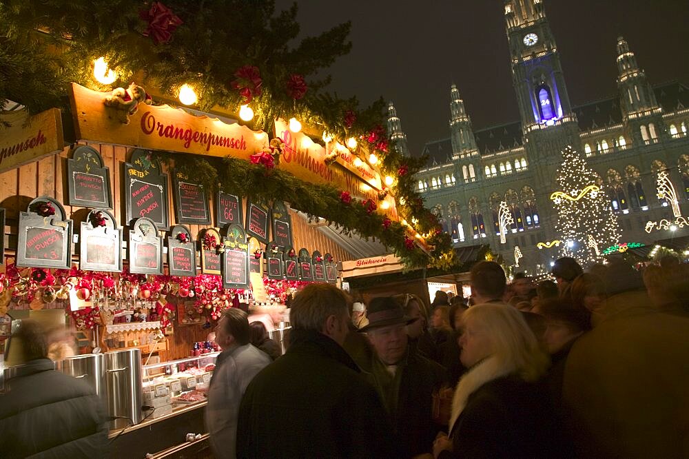 AUSTRIA Vienna A gluhwein and punsch stall at The Rathaus Christmas Market. Christkindlesmarkt  Festive Rathaus Advent Yuletide Travel Holidays