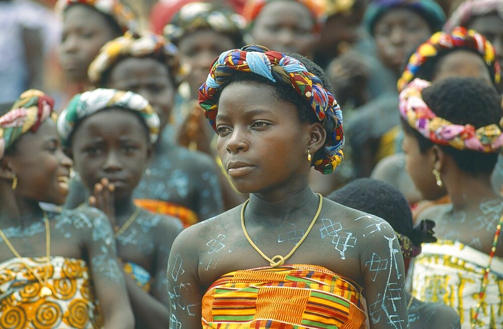 Women with painted bodies at an ancestor worship ceremony, Accra, Ghana, Africa