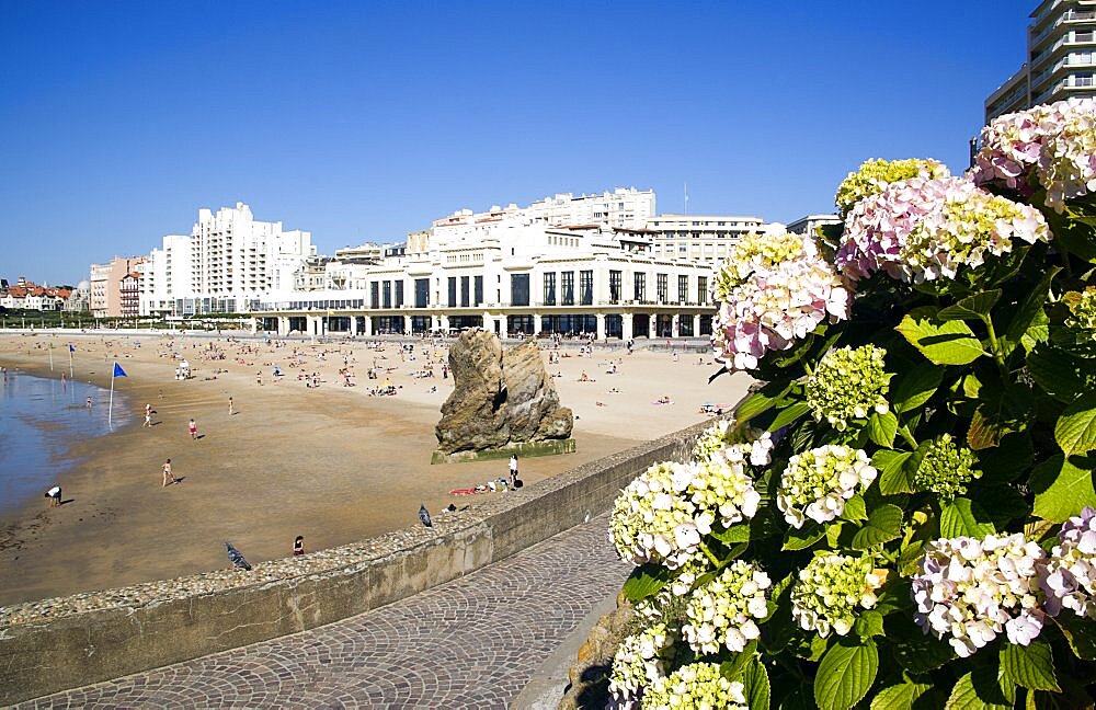 FRANCE Aquitaine Pyrenees Atlantique Biarritz The Basque seaside resort on the Atlantic coast. The Grande Plage beach with the Casino Municipal on the right