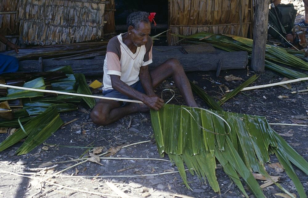 PACIFIC ISLANDS Melanesia Solomon Islands Malaita Province  Lau Lagoon  Foueda Island.  Traditional building methods  man stitching lengths of palm leaves to narrow strip of wood to use in house construction.