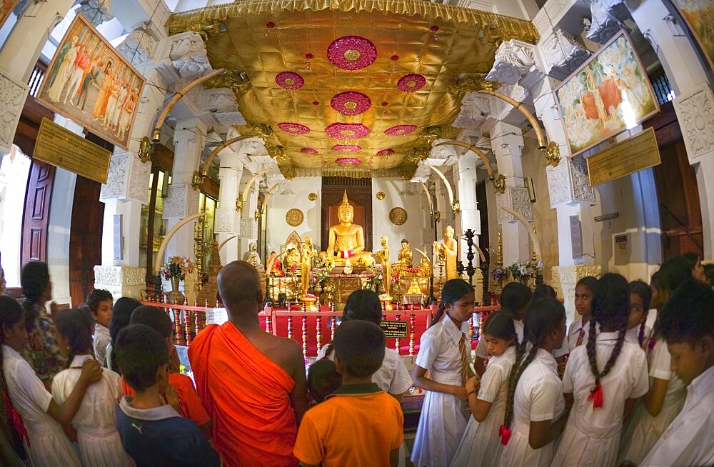 SRI LANKA  Kandy Interior of Sri Dalada Maligawa  Temple of the Tooth .  Sri Lanka travel Asia Kandy Buddha shrine Buddhism fish-eye worship prayer fait Asian Llankai Sri Lankan Kids