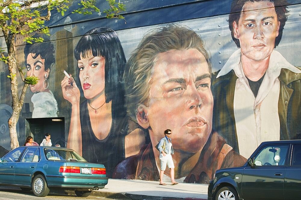 USA California Los Angeles Los Feliz. Hollywood stars featured on a mural.  Los Angeles LA travel USA America Johnny Depp Leonardo di Caprio Elizabeth Taylor Uma Thurman mural street chic cinema icon star movies fame famous American North America United States of America