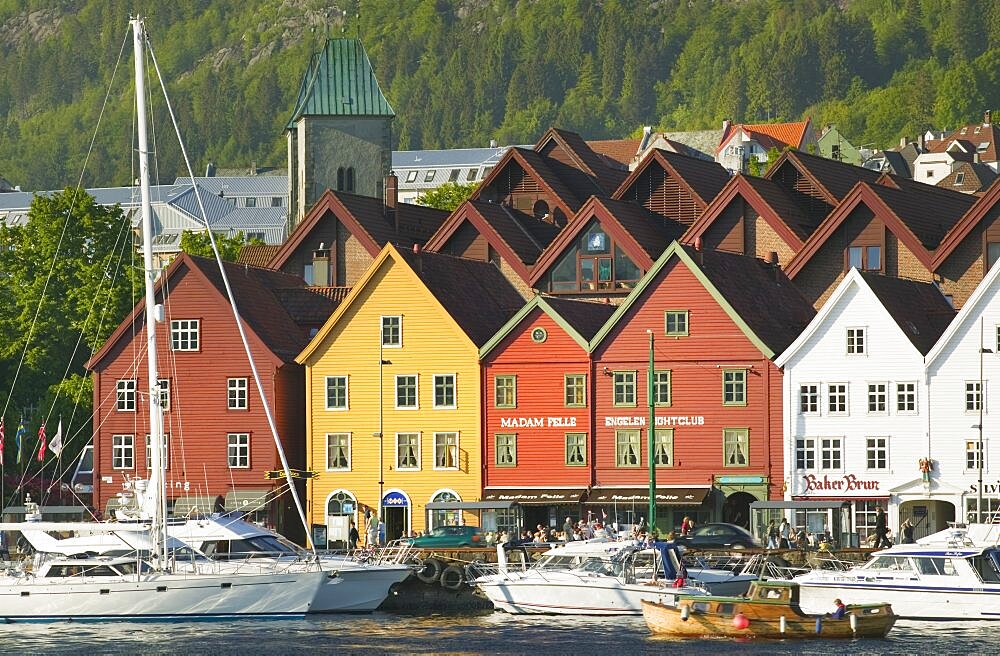 NORWAY Bergen View across Vagen of Bryggen the old medieval quarter of the city. Jon Hicks. Scandinavia travel architecture Bergen Norway tourism Noreg Norge Northern Europe Norwegian