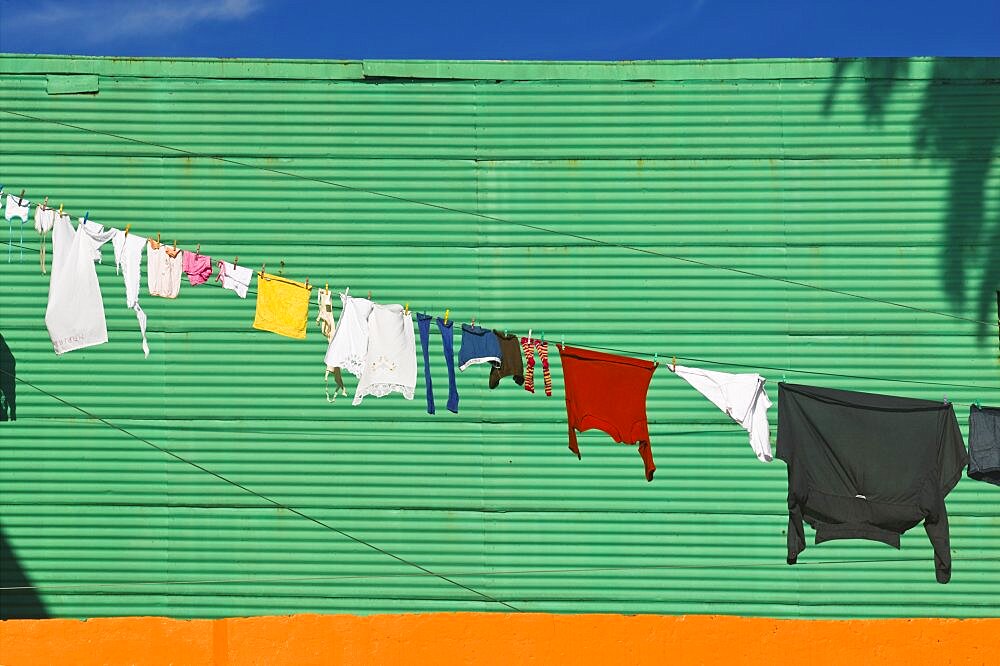 ARGENTINA  Buenos Aires Washing drying in La Boca. Colour Argentina La Boca Holidays Tourism Travel Buenos Aires South America Green Laundry Clothes American Argentinian Color Hispanic Latin America Latino Clean Cleaning Laundering