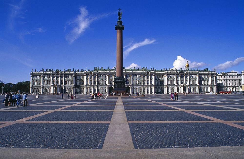 Winter Palace, View over courtyard toward column, Hermitage Museum, St Petersburg, Russia