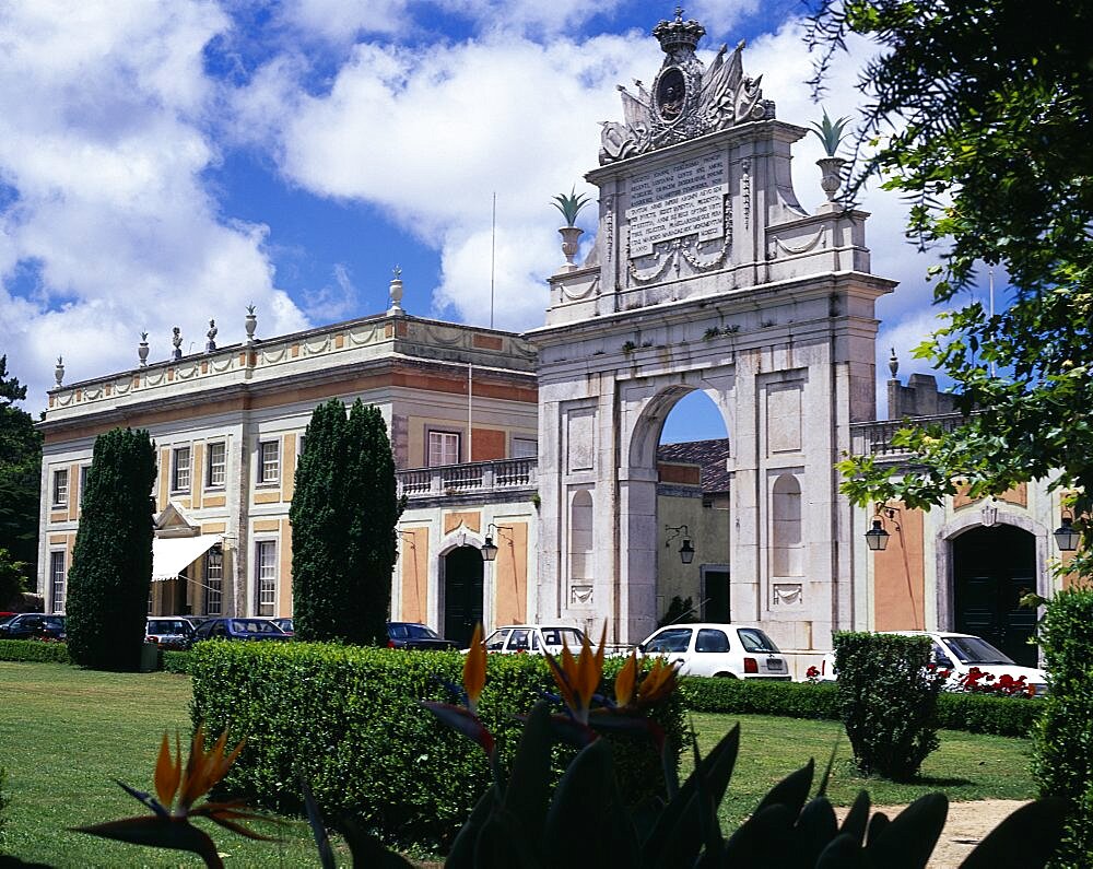 Seteasis Palace, View across garden towards arched gateway, Sintra, Estremadura, Portugal