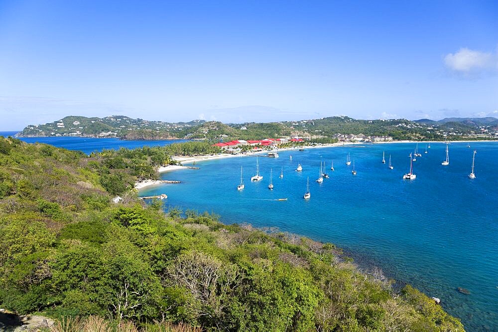 View from Rodney Fort on Pigeon Island National Historic Park towards the isthmus and Rodney Bay, Gros Islet, St Lucia