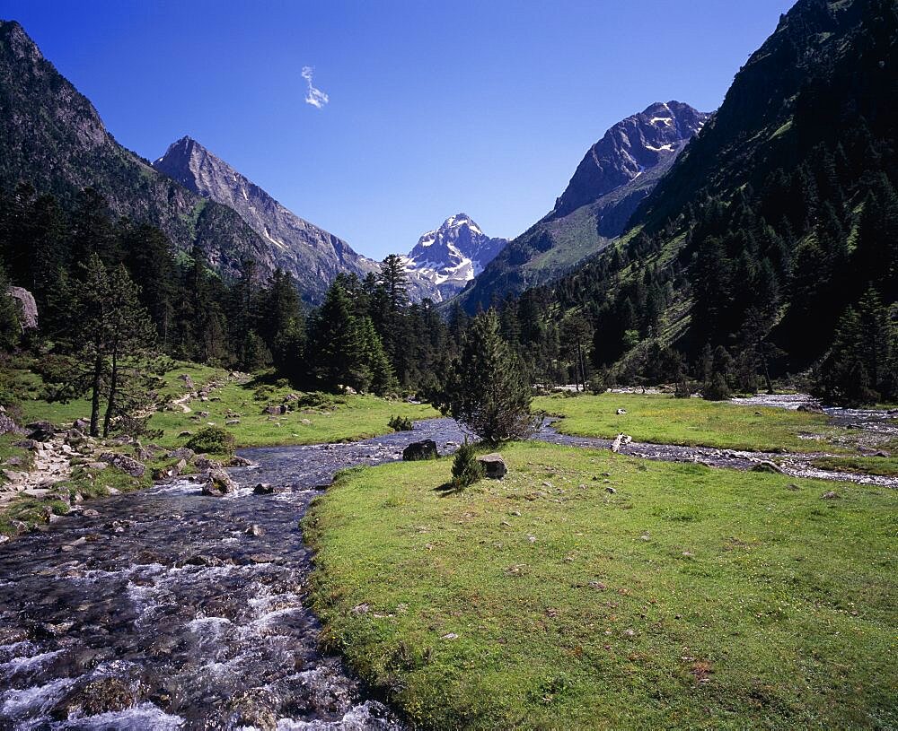 Vallee de Lutour, View south over lower valley with central snow covered peak of Pic de Labas 2927 m / 9586 ft south of Cauterets, Sparkling river and trees, Hautes-Pyrenees, Midi-Pyrenees, France