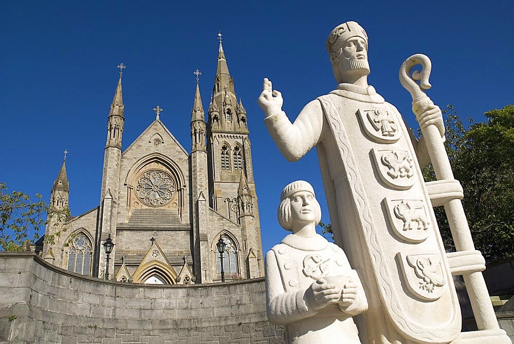 St Macartans Cathedral with statue of the saint and St Patrick, Ireland, Eire