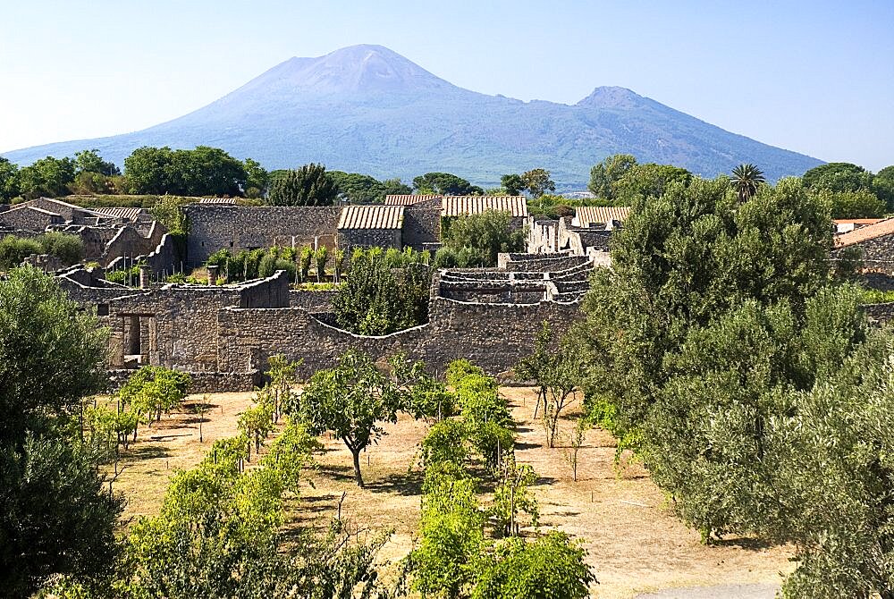 View over the eastern section of the ruined city with Vesuvius in the background, Pompei, Italy, Europe