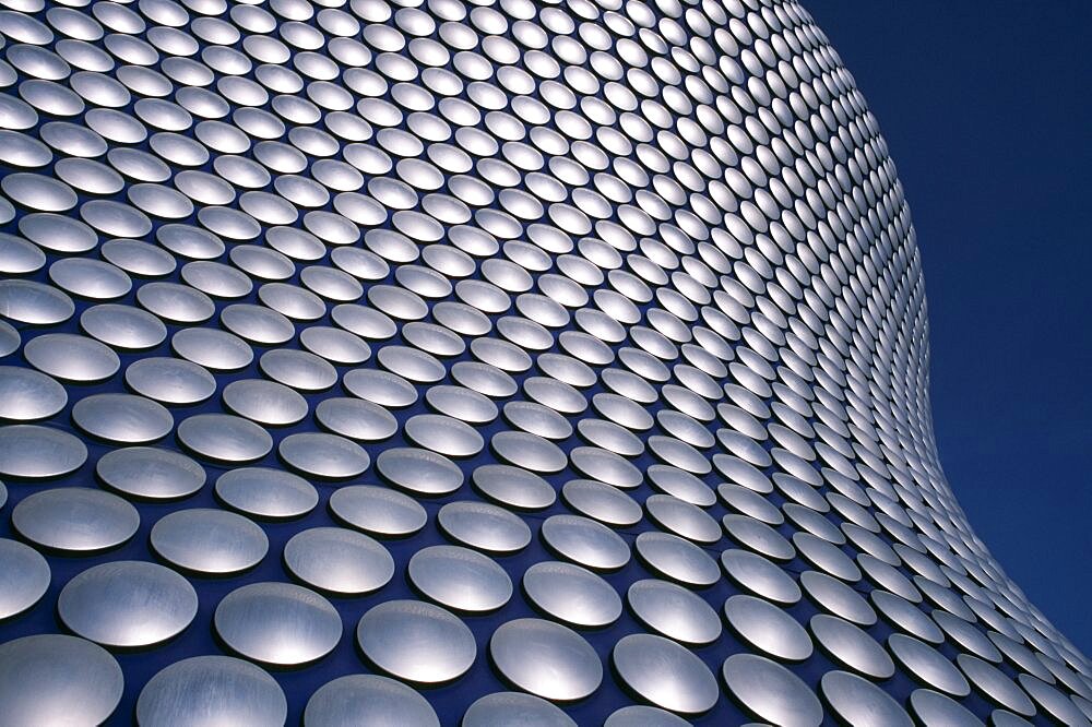 Exterior detail of the spun aluminium discs of the Selfridges Store at The Bullring Shopping Centre, Birmingham, England, United Kingdom, Europe