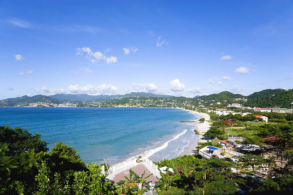 Aquamarine sea and the two mile stretch of the white sand of Grand Anse Beach, Grenada, West Indies, Caribbean, Central America