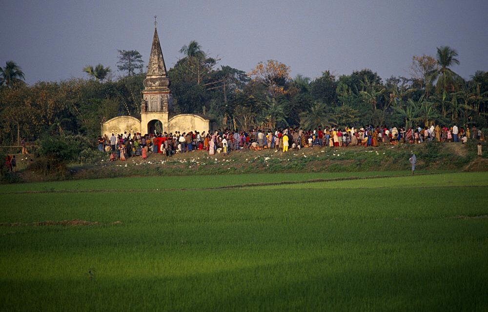 View over rice fields towards crowds gathered around old Hindu temple at sunset, Bangladesh, Asia