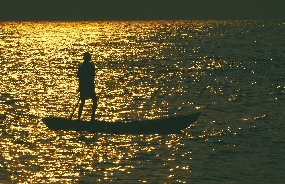 TANZANIA  Lake Tanganyika  Mokoro canoe raft paddler on lake at sunset