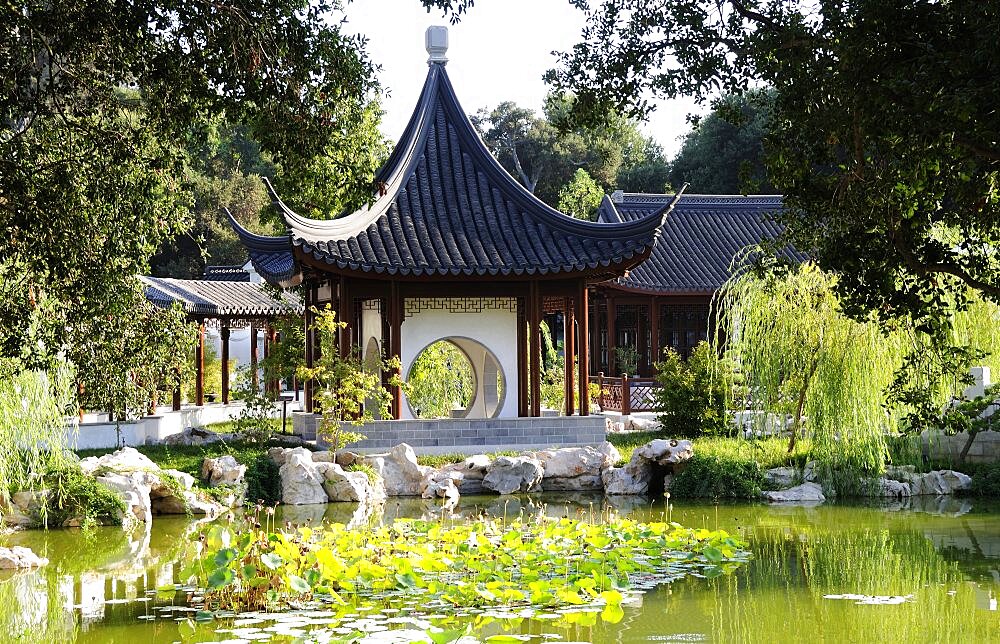 View across lake to Terrace of the Jade Mirror Chinese Garden The Huntington Pasadena, Valley & Pasadena, United States of America