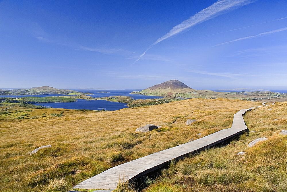 IRELAND, County Galway, Connemara, Diamond Hill, boardwalk protects hikers and environment  Ballynakill Harbour and Tully Mountain behind