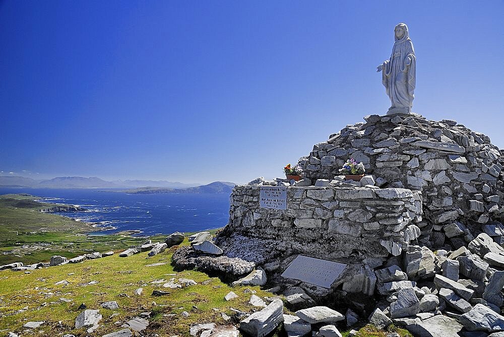 Ireland, County Mayo, Achill Island, Minaun Cliffs, Statue of Blessed Virgin Mary on summit of the cliffs