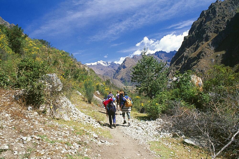 PERU Cusco Department The Inca Trail Treckers with backpacks walking up a narrow mountain path.   Cuzco