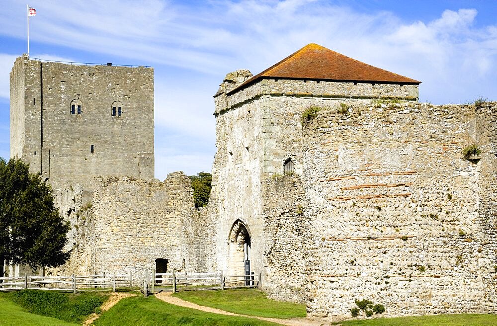 England, Hampshire, Portsmouth, Portchester Castle showing the Norman 12th Century Tower and 14th Century Keep within the Roman 3rd Century Saxon Shore Fort.