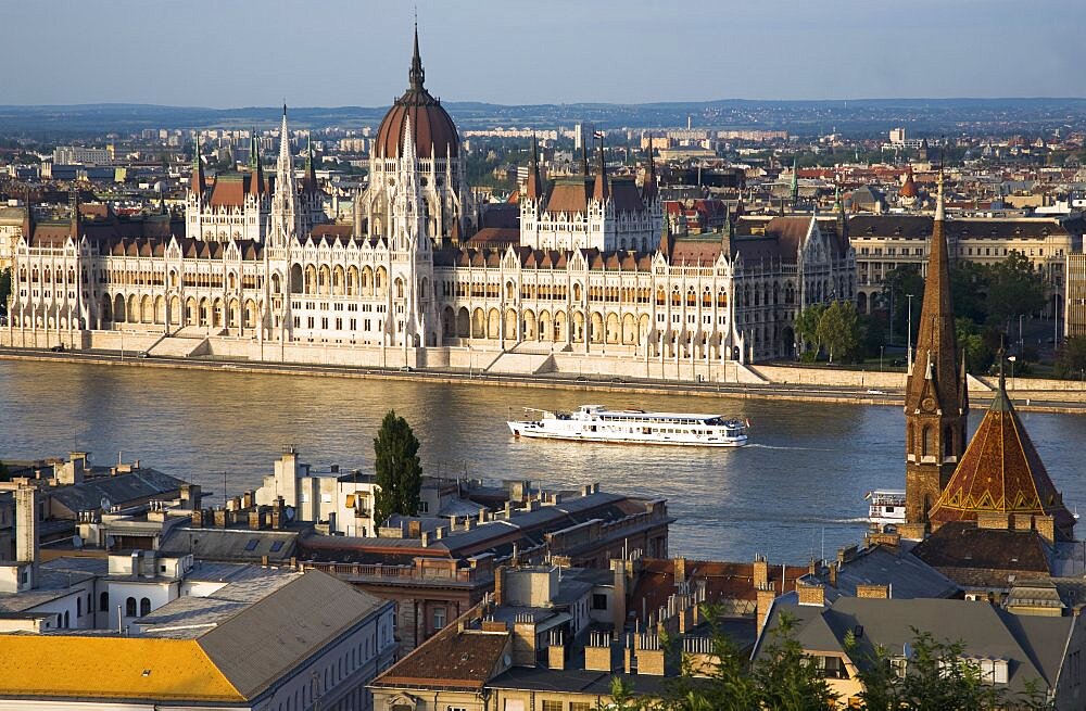 Hungary, Budapest, Buda Castle District, view over Danube and Pest with Parliament Building.