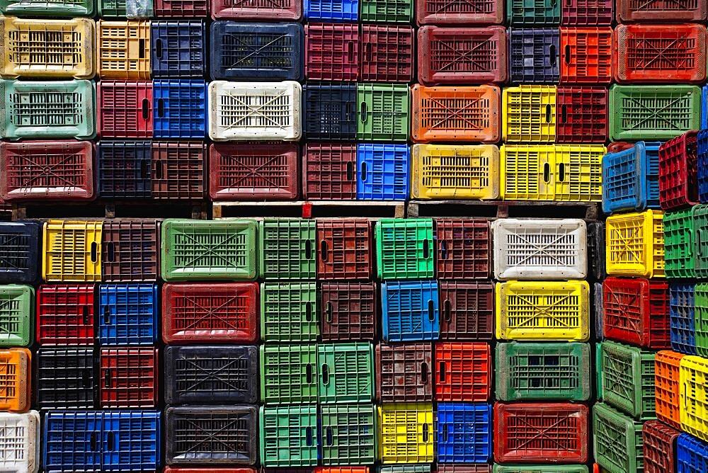 Greece, Makedonia, Verioa, geometrical colorful plastic crates forming a pattern.