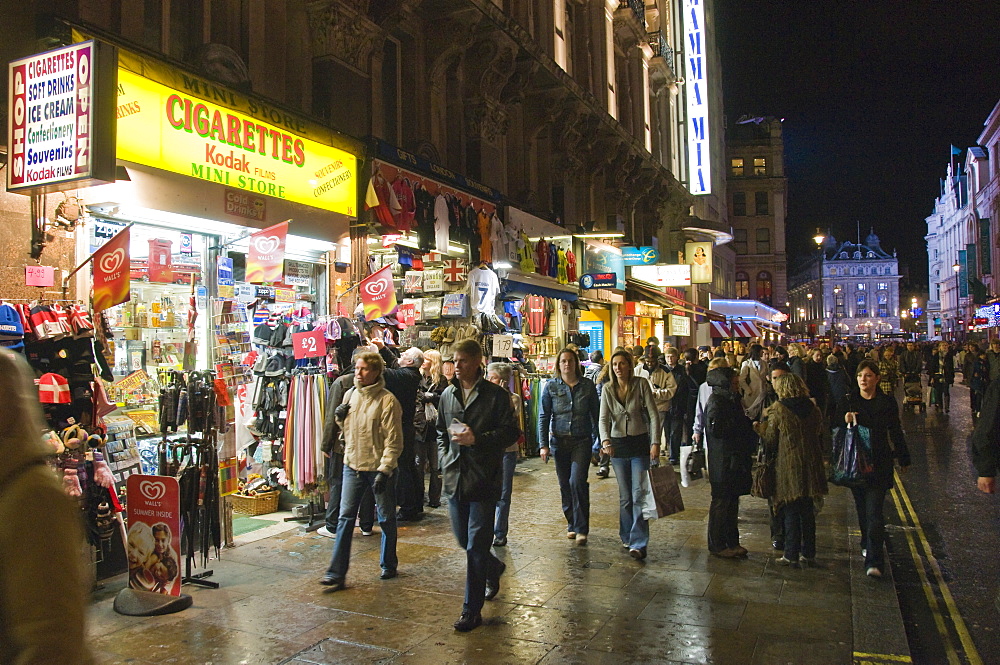 Tourist shops on Charing Cross Road at night, London, England, United Kingdom, Europe