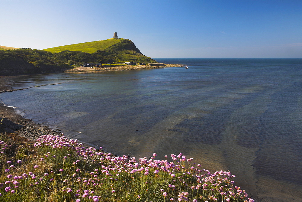 Early summer clifftop view of Kimmeridge Bay and Clavell Tower, Jurassic Coast, UNESCO World Heritage Site, Dorset, England, United Kingdom, Europe