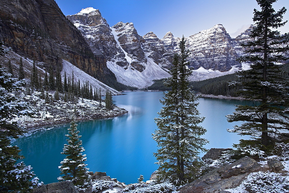 A tranquil morning atop the Rockpile at Moraine Lake, Banff National Park, UNESCO World Heritage Site, Alberta, Rocky Mountains, Canada, North America